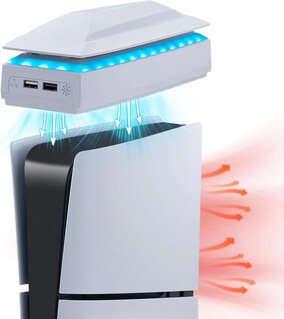 فن خنک کننده با نور RGB برای PS5 Slim فقط سیستم خنک کننده LED بالا، سرعت قابل تنظیم 3 سطح، 6 حالت روشنایی، برای Playstation 5 Digital & Disc Edition، Dust Cover Dual Fans Cooler، 2 پورت USB - ارسال 20 روز کاری