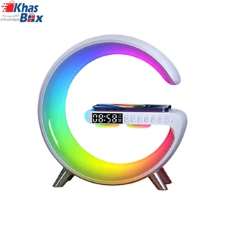 شارژر وایرلس rgb جی شکل 15وات دارای 2عدد اسپیکر (بلندگو) چراغ خواب دار و قابلیت آلارم ساعت و بلوتوث و پورت usb