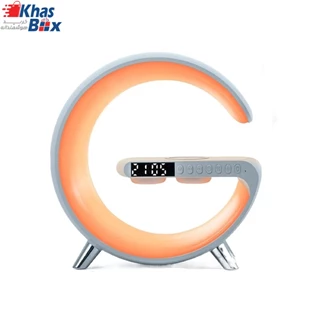شارژر وایرلس rgb جی شکل 15وات دارای 2عدد اسپیکر (بلندگو) چراغ خواب دار و قابلیت آلارم ساعت و بلوتوث و پورت usb