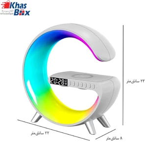 شارژر وایرلس rgb جی شکل 15وات دارای 2عدد اسپیکر (بلندگو) چراغ خواب دار و قابلیت آلارم ساعت و بلوتوث و پورت usb