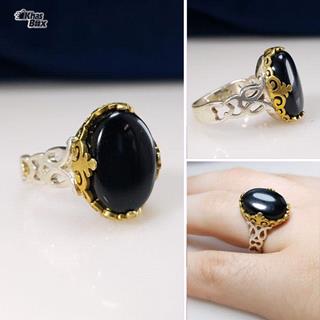 انگشتر نقره عقیق مشکی تاج طلایی مردانه