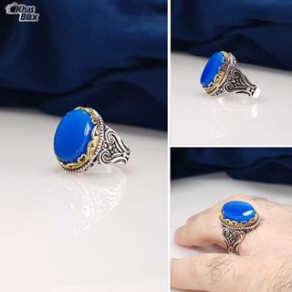 انگشتر عقیق مردانه آبی تاج طلایی کد 2103