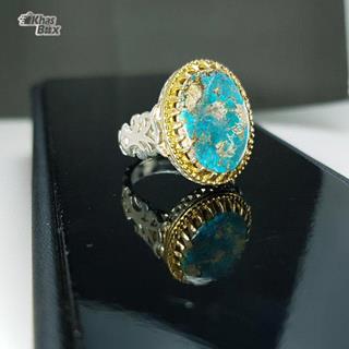انگشتر نقره فیروزه نیشابور تاج طلایی مردانه