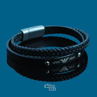 دستبند چرمی پسرانه با پلاک مشکی ARMANI