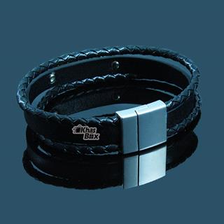 دستبند چرمی پسرانه با پلاک طلایی ARMANI