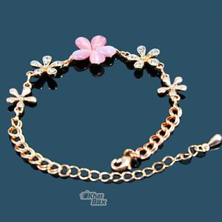 دستبند طلایی با نگین برگ صورتی مدل DT-65