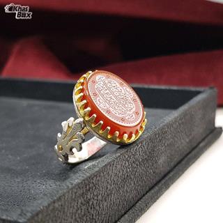 انگشتر نقره عقیق قرمز تاج طلایی مردانه