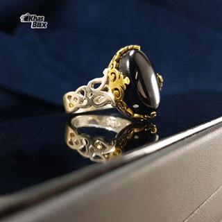 انگشتر نقره عقیق مشکی تاج طلایی مردانه