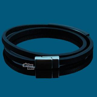 دستبند چرمی پسرانه با پلاک مشکی ARMANI