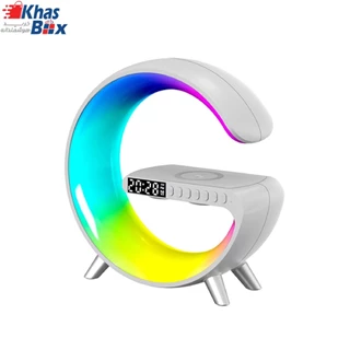 شارژر وایرلس rgb جی شکل 15وات دارای 2عدد اسپیکر (بلندگو) چراغ خواب دار و قابلیت آلارم ساعت و بلوتوث و پورت usb