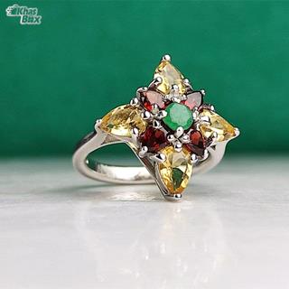 انگشتر نقره زنانه سیترین طلایی گارنت و زمرد اصل