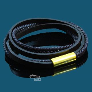 دستبند چرمی پسرانه با پلاک طلایی MONT BLANC