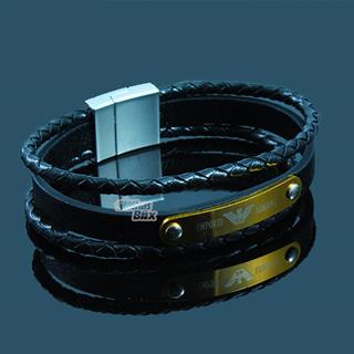 دستبند چرمی پسرانه با پلاک طلایی ARMANI