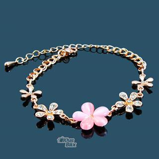 دستبند طلایی با نگین برگ صورتی مدل DT-65