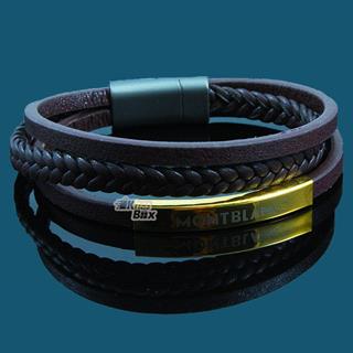 دستبند چرمی پسرانه با پلاک طلایی MONT BLANC