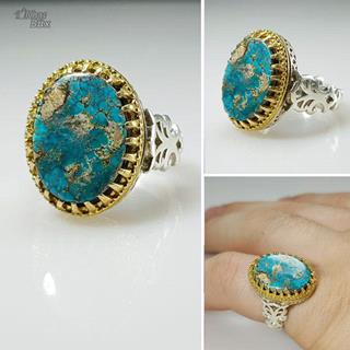انگشتر نقره فیروزه نیشابور تاج طلایی مردانه