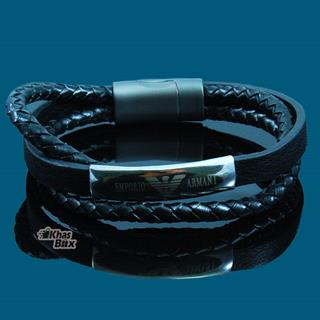 دستبند چرمی پسرانه با پلاک نقره ای ARMANI 